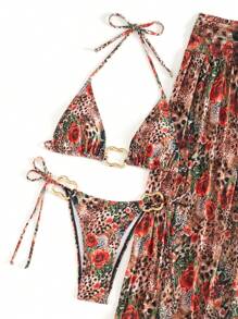 SHEIN Swim 3 pezzi set da bagno: top a triangolo senza ferretto con stampa casuale, pantaloncini da bagno con lacci laterali e pareo lungo in rete, costume da bagno da donna per vacanze estive in spiaggia