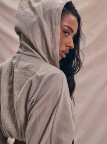 MUSERA 连帽亚麻系带露脐长袖宽松亚麻上衣，适合春季度假、海滩、伊比沙岛、性感、节日、波西米亚风、外出、夜店、优雅、夏季、复活节假期 - 棕色 - 查看 4