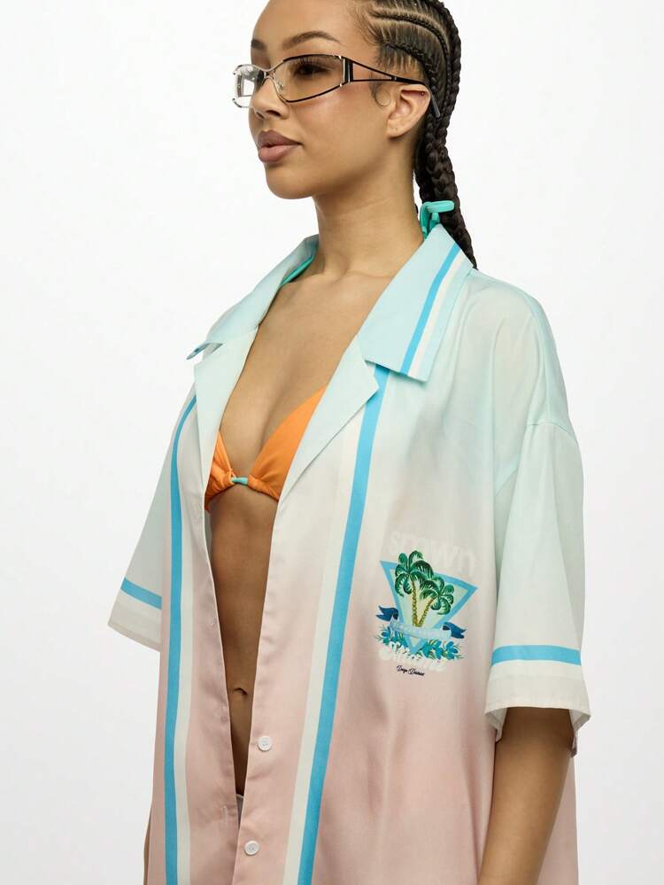 SUMWON WOMEN 리조트 컬렉션 블라우스 버튼 다운 여름 비치 그래픽 프린트 팜트리 오버사이즈 셔츠 휴양 비치웨어 디자인 지구 탑 아일랜드 스타일
