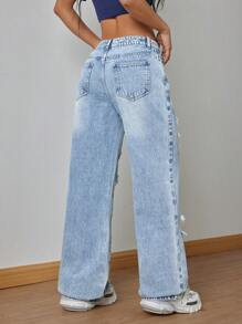 SHEIN ICON 女式口袋破洞阔腿宽松休闲百搭牛仔裤 - 藍色 - 查看 2
