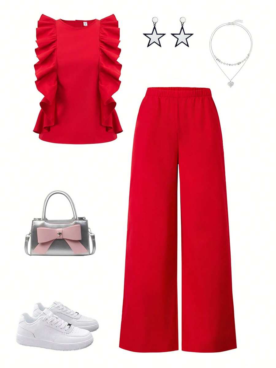 Teen Girls' Solid Color Round Neck Ruffle Trim T-Shirt And Pants 2 Pieces Casual Set - Red - View 1