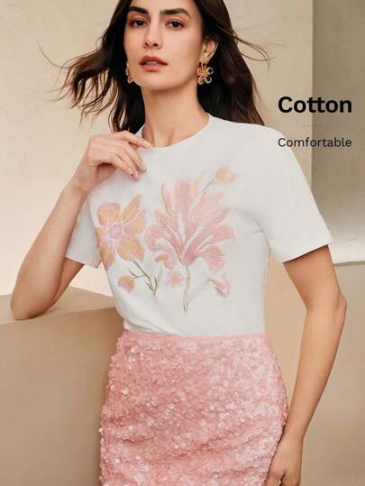 Anewsta Elegant Niche Design Sequin Embroidered White Short Sleeve T-Shirt Top For Women, Slimming