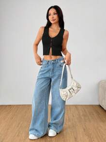 SHEIN PETITE Women Knit Camisole Top In Solid Color, Fashionable For Summer,Going Out Top - Black - View 3