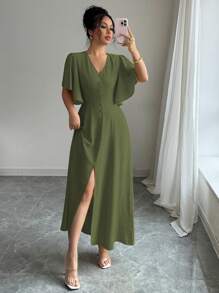 Elenzga 女士优雅纯色 V 领 A 字形开衩袖装饰长款休闲连衣裙，适合春夏季茶会、度假、通勤