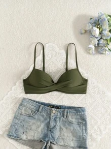 SHEIN Swim Áo tắm bikini thời trang đơn giản màu trơn dành cho nữ, phù hợp cho mùa hè - xanh quân đội - Xem 3