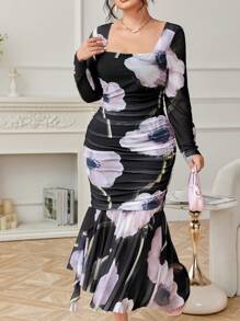 Modelyn Plus Size Women Mesh Floral Printed Ruffle Hem Elegant Dress - Multicolor - View 5