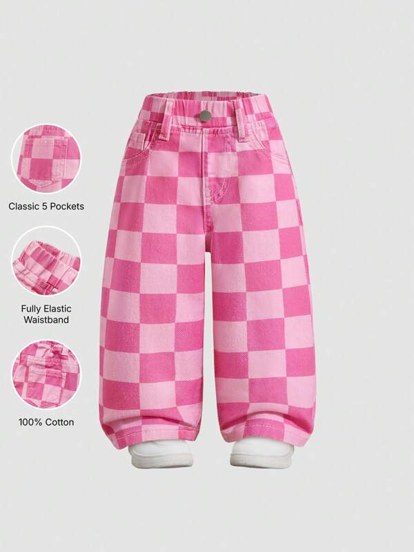 Denimly Baby Girl Casual Outdoor School Fashion Versatile Baby Denim Elastic Waist Plaid Pattern Washed Denim Pants