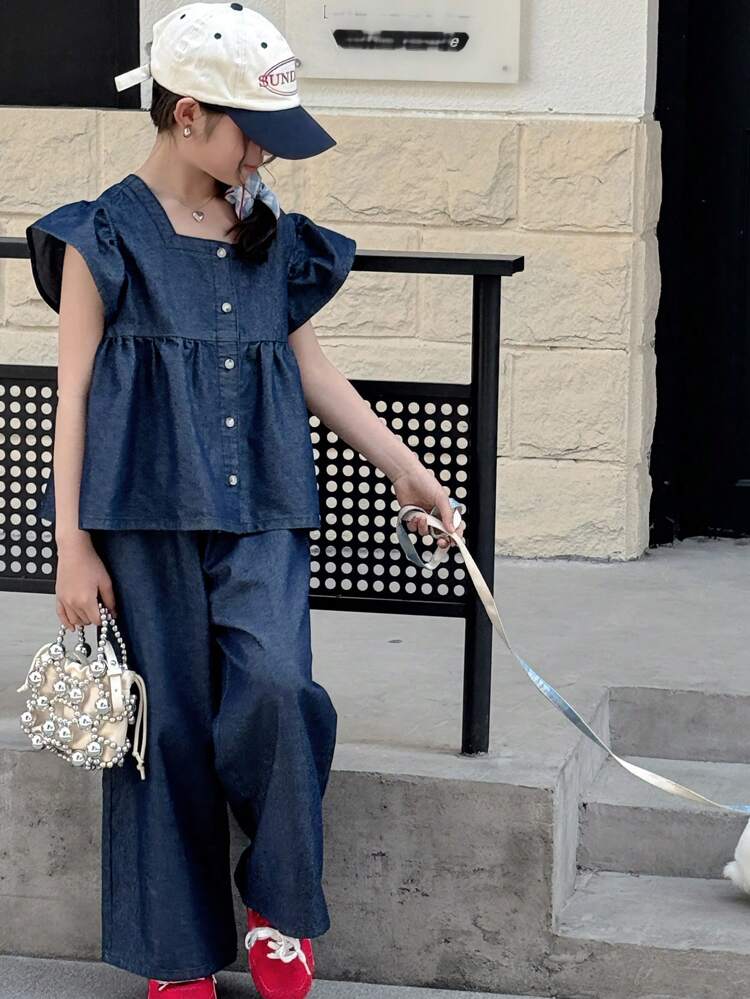 2pcs Tween Girl Girls' Fall/Spring Outfit - Square Collar Denim Shirt + Denim Pants Set, Plus Size