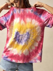 Bohemela Knit Round Neck Short Sleeve Loose Tie Dye Design Women T-Shirt - Pink - View 4