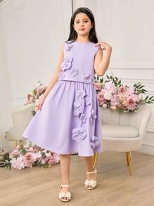 Conjunto de 2 piezas para niña preadolescente, compuesto por un chaleco sin mangas elegante con flores 3D moradas y una falda midi de cintura elástica, para el verano