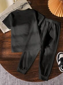 SHEIN 男童休闲工程车印花短袖T恤和裤子套装 - 黑色 - 查看 4