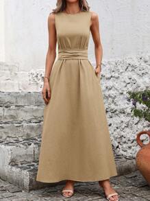 SHEIN Clasi Vestido simple y casual con cuello redondo, sin mangas, bolsillo y superposición de unicolor para mujer