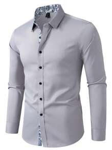 Manfinity Mode Men's Casual Commute Printed Patchwork Long Sleeve Shirt, Men's Slim Fit Shirts, Fall - Light Grey - View 3