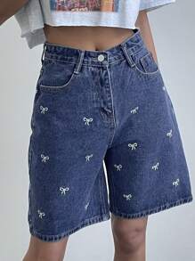 DAZY Quần short denim nữ casual, chất liệu denim bạc màu, thêu nơ, kiểu dáng Y2K. - Màu xanh lam - Xem 4