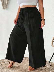SHEIN CURVE+ Outfits casuales de playa de verano para mujer de talla grande, pantalones anchos elegantes de negocios y viajes con bolsillos, color rosa loto, pantalones de verano para vacaciones de playa, campo o país
