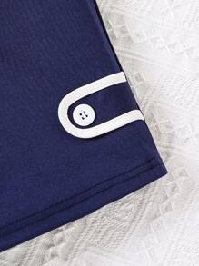 1件少女休闲正式简约撞色条纹收腰翻领上衣，春夏款 - 藏蓝色 - 查看 4