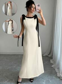 Elenzga Women's Elegant Casual Business Sleeveless Round Neck Waist-Cinched Solid Color Splicing Contrast Collar Bowknot Shoulder Strap Minimalist Dress - Apricot - View 2