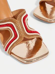 CUCCOO TILAWA Women's Summer New Beaded Chain Square Toe Artistic Heel Asymmetric High Heel Sandals, Luxurious Personalized Fashionable Gold Ladies High Heels, Suitable For Party, Resort - Gold - View 9