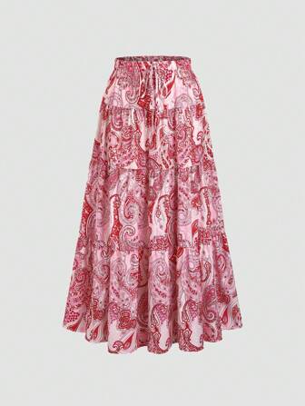 Sweetra Jupe longue à taille haute ceinturée avec volants, imprimé bohème. Convient pour les vacances et le port quotidien casual