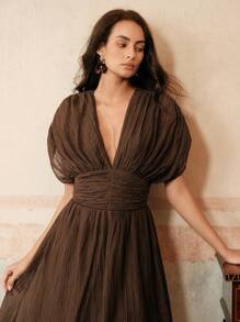 Anewsta Women's V-Neck Ruched Waist Dress With Tied Shoulder Sleeves, Beach Holiday Outfit Spring/Summer