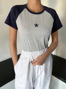 DAZY 星星印花撞色插肩袖 T 恤 Y2k