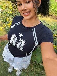 SHEIN EZwear 海军蓝针织紧身胶印大码T恤，针织衬衫 - 藏蓝色 - 查看 4