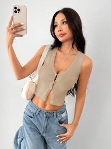 SHEIN PETITE Women Knitted Cami Top, Solid Color, Fashionable Fit For Summer - Apricot - View 4