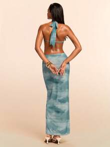 SHEIN BAE 女士扎染印花露背镂空性感无袖连衣裙，适合夏季 - 藍色 - 查看 2