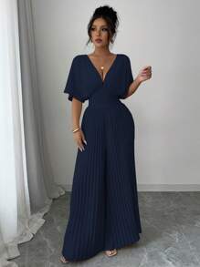 Elenzga Bộ đồ liền thân xếp ly cổ chữ V sâu tay chuông màu trơn thanh lịch dành cho nữ - Màu xanh hải quân - Xem 5