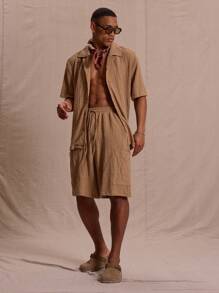 Musero Drawstring Textured Cargo Style Longline Shorts Only Spring Summer Vacation Easter Streetstyle - Coffee Brown - View 2