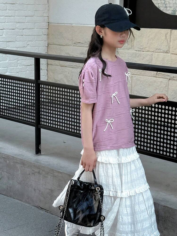 2pcs/Set Tween Girl Round Neck Knit Top With Bow Decor + Skirt Outfit, Fall Clothes,Back To School Clothes
