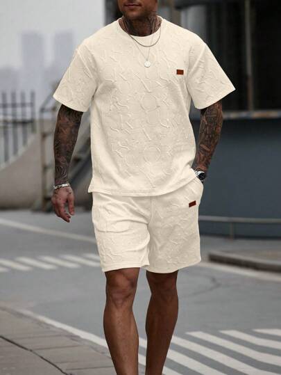 Manfinity CasualCool Bộ đồ nam gồm áo phông và quần short in chữ thường ngày dành cho nam mùa hè, bộ đồ nam hai mảnh, trang phục nam, bộ đồ đôi dành cho nam, bộ đồ đôi dành cho nam