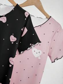 SHEIN 2 件套女孩可爱波尔卡圆点心形印花舒适圆领短袖长睡袍家居服套装母亲节礼物毕业礼物夏装假日旅行休闲夏装少女服装少女 T 恤 - 黑色 - 查看 6
