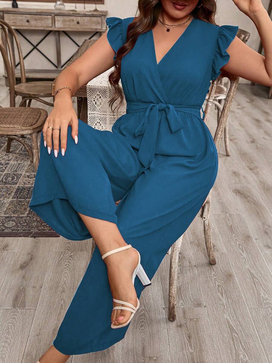 SHEIN LUNE 夏季大码纯色休闲无袖连体裤 - 藍色 - 查看 1