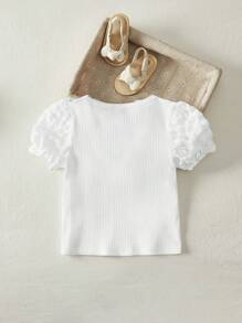 Cozy Pixies Young Girl Ruffle Bubble Short Sleeve Soft Knit Crew Neck Pullover Top - White - View 2
