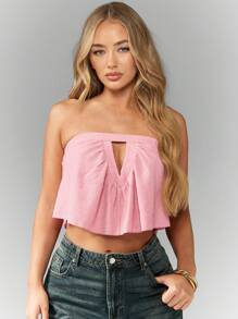 MISSGUIDED Atasan Crop Top Bustier Bandeau Bergaris Berkilau dengan Ruffle Wing untuk Pesta, Klub, Festival, Musim Panas, Pantai, Tanpa Tali, Gaya Korset, Mode Malam Hari - Baby Pink - View 5