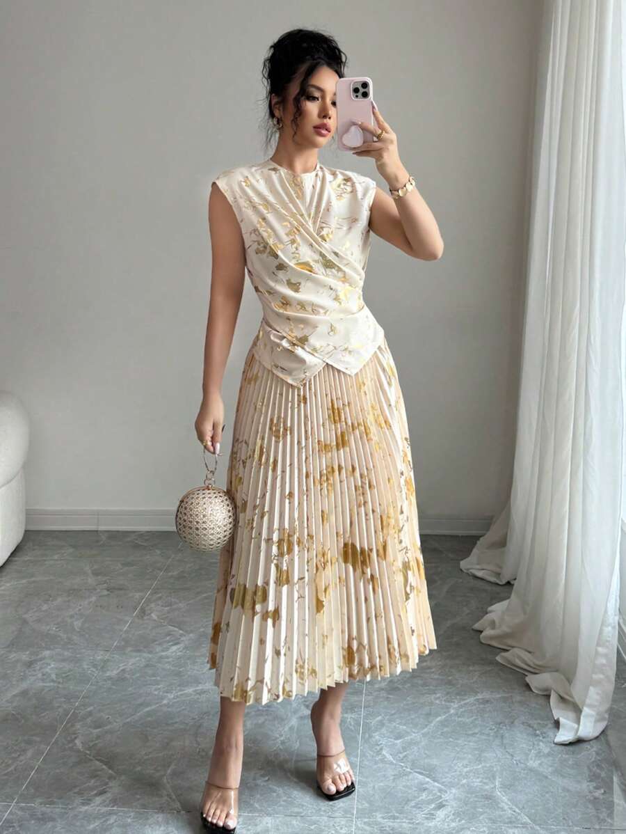 SHEIN Unity 2件套 女士印花褶皱上衣和褶皱半身裙 - 杏色 - 查看 1