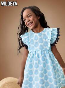 SHEIN Wildeya Little Girls Casual Holiday Dress,White,Summer,Fairy,Family Matching Tropical Botanical Print Ruffled Sleeves Vintage Vacation Clothing - Blue - View 1