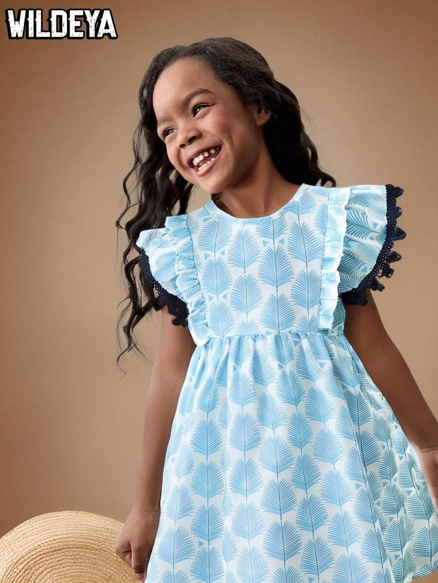 SHEIN Wildeya Little Girls Casual Holiday Dress,White,Summer,Fairy,Family Matching Tropical Botanical Print Ruffled Sleeves Vintage Vacation Clothing - Blue - View 1