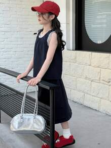 DAZY Tween Girl Solid Color Round Neck Tank Top With Pleats And Cargo Skirt Casual Set - Navy Blue - View 6