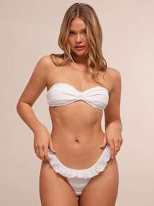 WESTFADE Western Pleated Ruffle Knit Sweetheart Neck Knotted Front Bandeau Bikini Top Spring Summer Beach Vacation - White - View 1