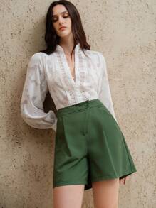 Uhlyne Women's Green Linen Asymmetrical Waist A-Line Loose Casual Shorts, Spring/Summer - Green - View 8