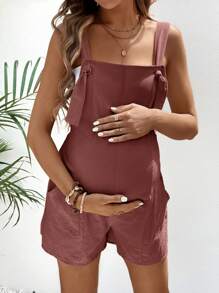 SHEIN 孕妇夏季休闲纯色背带裤 - 鏽棕色 - 查看 4