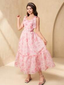 SHEIN Vestido con estampado floral elegante y tirantes desmontables, perfecto para adolescentes, bodas y ocasiones formales