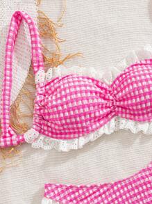 SHEIN Swim Cute Pink Plaid Ruffle Strap Swimsuit, Swimwear For Women, Summer - Multicolor - View 4