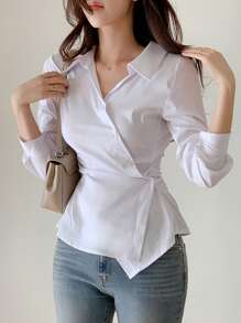 DAZY Asymmetrisches Design Langarm Raffung Taille Frauen Bluse