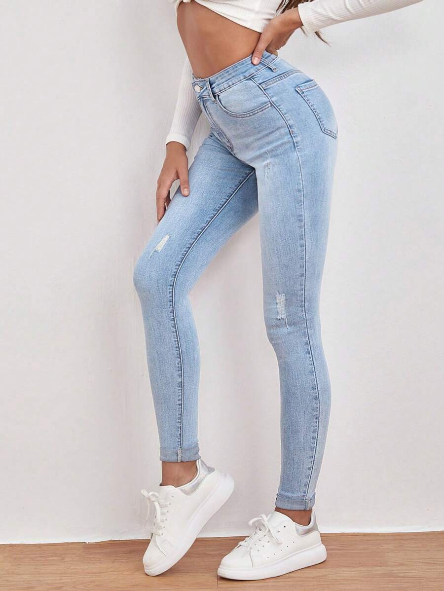 SHEIN EZwear Calça Denim Skinny de Cintura Alta Rasgada Primavera - Lavagem clara - Visão 1