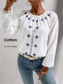 SHEIN LUNE Damen Rundhals geraffter Knopf Halbgeöffneter Laternenkrempel Stickerei Baumwolle Lässig Urlaubs Elegante Bluse