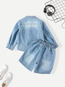 Denimly 年轻男孩 2 件套：复古西部学院风户外风格牛仔长袖衬衫和可调节抽绳牛仔松紧腰短裤