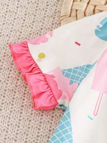 2 Pcs Baby Girls' Apricot & Pink Ice Cream Print Long Pants And Short Sleeve Casual & Comfy Pajama Set - Multicolor - View 5